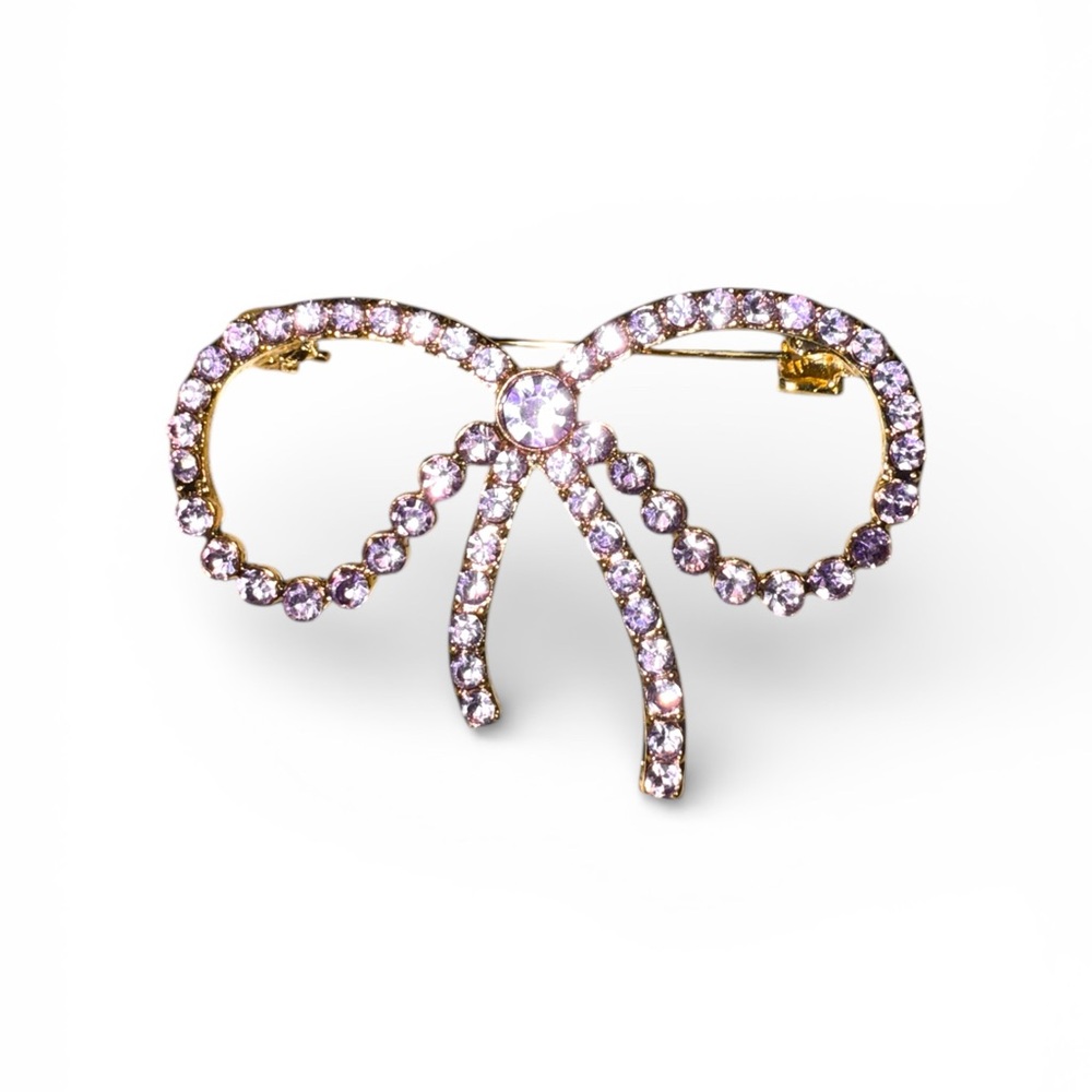 Purple Bow Brooch with Rhinestones in Gold Tone
